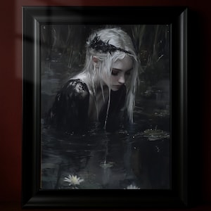 Lámina artística de ninfa acuática, póster de criatura fantástica de estanque, decoración de pared de lirios serenos, obra de arte de ninfa encantada