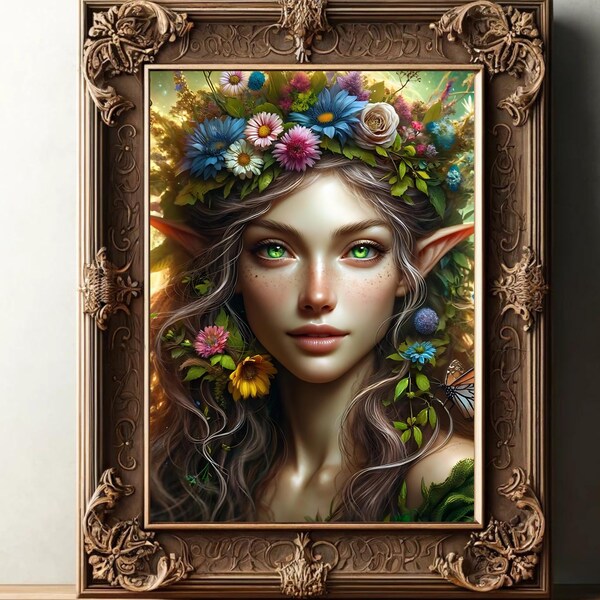 Floral Fantasy Druid - Enchanted Forest, Fairytale Artwork, Dark Academia, Digital Download