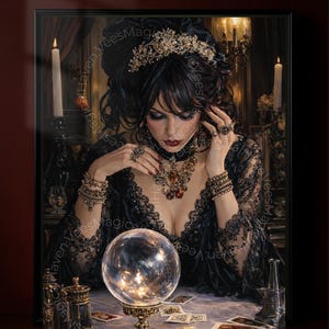 May include: A framed artwork depicts a woman in a black lace dress adorned with jewelry, including a crown, necklaces, and bracelets. A crystal ball sits on a table with tarot cards. The image has a mystical theme with candles and a dark, ornate setting.