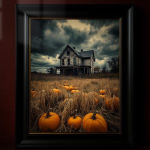 Abandoned House in Haunted Field Poster, Gruselige Jahreszeit Wanddekoration, Herbstliche Wandkunst