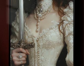 Viktorianisches Kunst Schwert, druckbare Kunst, dunkle launische Wandkunst, Frauen im Spitzenkleid, perfekt für Antiquitätenliebhaber