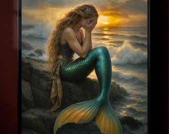 Puede incluir: Obra de arte enmarcada que representa a una sirena con largo cabello rubio, una cola verde y dorada, y un top verde oscuro. Está sentada en una roca, cubriéndose la cara, con una puesta de sol sobre el mar al fondo.