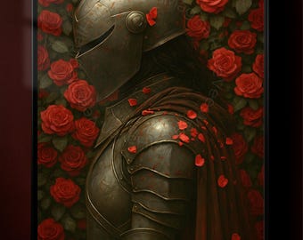 Knight and Roses Digital Art | Fantasy Armor Wall Print | Dark Academia Decor | Gothic Knight Poster | Red Rose Fantasy Illustration