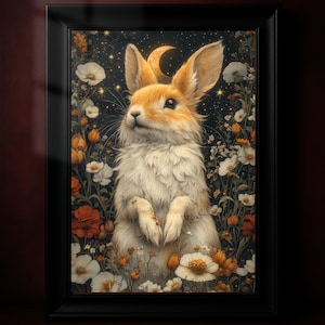 Hare Poster: Cottagecore Rabbit Print, Dark Floral Academia Decor