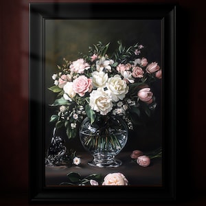 Póster de flores en un jarrón, arte mural melancólico, rosas rosas y blancas, decoración botánica de pared, estilo academia oscura