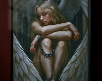 Póster de ángel cautivo / Arte mural de ángel de fantasía oscura / Lámina de ángel caído gótico