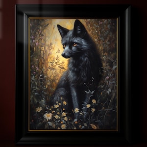 Poster di volpe nera, decorazione murale con creature del bosco in fiore selvatico, opera d'arte in stile cottagecore scuro