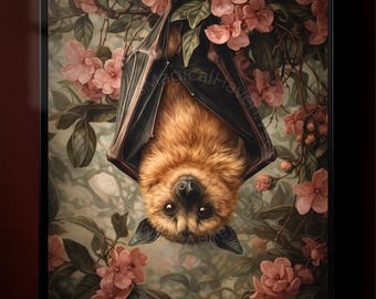 Bat Floral Portrait, Gothic Nature Art, Botanical Wildlife Wall Decor, Dark Academia Animal Artwork, Vintage Style Wall Print