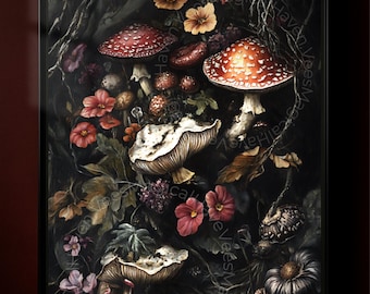 Könnte beinhalten: Ein gerahmter Kunstdruck mit einer detaillierten Illustration von Pilzen und Blumen. Das Kunstwerk zeigt rot gekappte Pilze mit weißen Punkten, verschiedene Blumen in Rosa-, Orange- und Weißtönen sowie dunkelgrünes Laub vor einem schwarzen Hintergrund.
