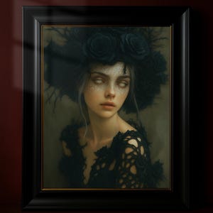 Stampa artistica da parete gotica, ritratto surreale della dea della rosa fantasy dark, arredamento da strega, poster di Dark Academia