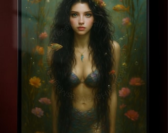 Impression d'art mural sirène : affiche sirène océan fantastique, déco déesse de la mer mythique