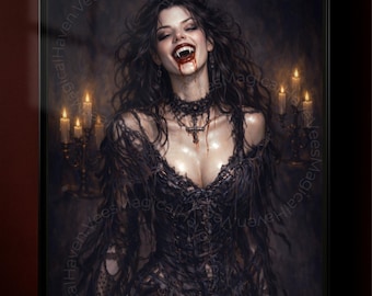 Gothic Vampire Woman Art Print, Dark Romantic Vampire Poster, Candlelit Gothic Wall Art, Dark Fantasy Portrait Decor