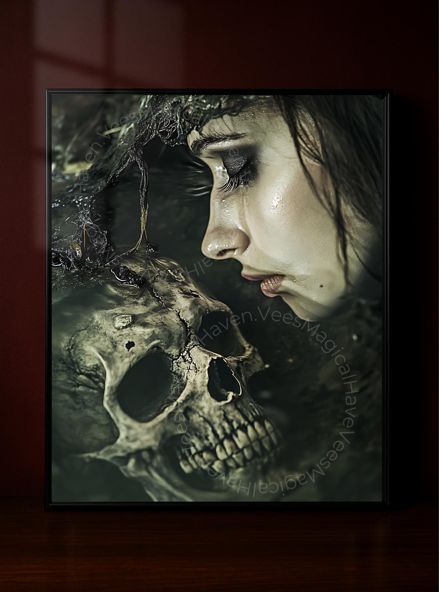 Gothic Witch and Skull Poster, Eerie Forest Wall Art, Occult