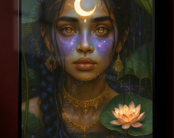 Moon Goddess Digital Art | Fantasy Woman Wall Print | Mystical Portrait Poster | Dark Academia Decor | Celestial Goddess Illustration