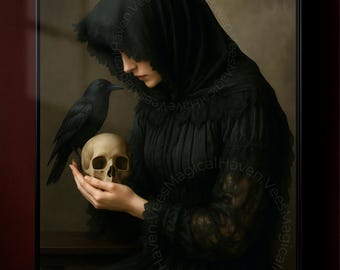 Gothic Witch Raven Skull Art Print, Dark Fantasy Poster, Occult Digital Download Wall Decor