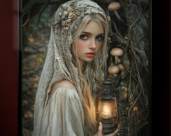 Forest Druid Poster, Dark Fantasy Wall Art, Cottagecore Witch Decor, Woodland Goddess Artwork, Gothic Nature Decor, Mystical Woman Print