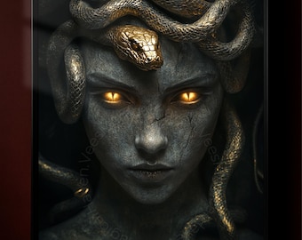 Medusa-poster | Gotische mythologie kunst aan de muur | Donkere fantasie slangengodinprint | Griekse mythe Medusa-decor | Moody goud en steen esthetiek