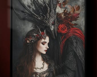 Arte imprimible de Hades y Perséfone, decoración de pared de fantasía oscura, impresión de Dark Academia, obra de arte cottagecore oscuro, mitología griega