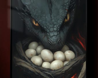 Mother Dragon Guarding Eggs Poster | Gothic Fantasy Dragon Wall Art | Dark Academia Mythical Creature Print | Moody Fantasy Decor