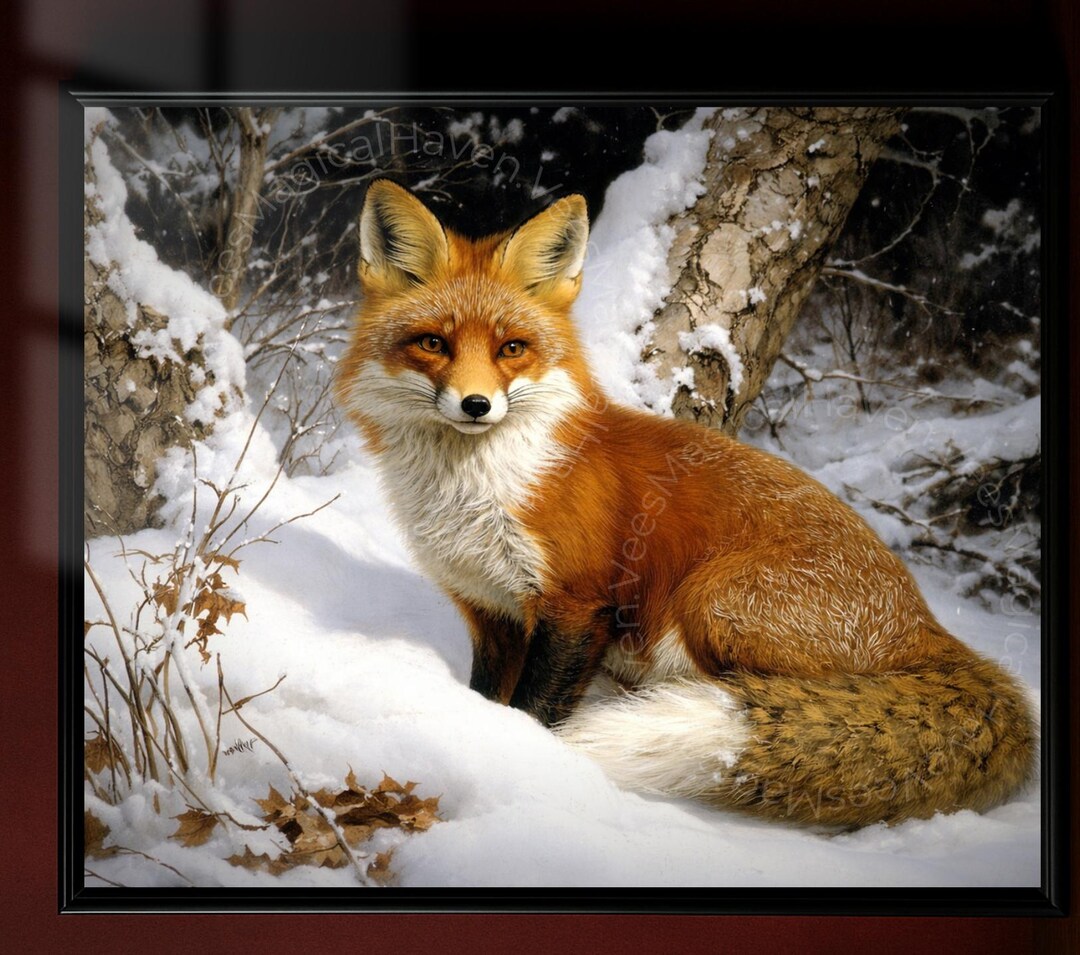 Red Fox Winter Portrait, Woodland Animal Art, Snow Forest Wildlife ...