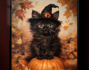 Black Kitten & Pumpkin Poster, Spooky Season Decor, Halloween Themed Wall Art, Spooky Kitty, Perfect Gift for Feline Lovers
