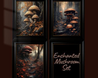 Set of 3 Mushroom Wall Art Prints – Dark Cottagecore Decor, Enchanted Forest Fantasy Posters, Gothic Printable Set