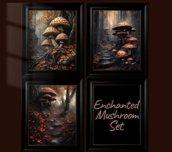 Stampa artistica da parete Foresta delle fate su tela con funghi
