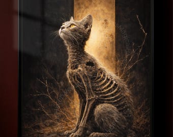 Skelet Cat Art Print, Dark Fantasy Animal Wall Art, macabere kat illustratie, gothic horror decor, surrealistisch skelet dierlijke poster