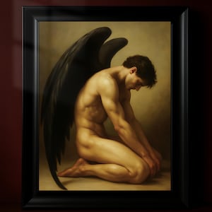 Fallen Angel Wall Art – Neoclassical Fine Art Male Angel Poster, Gothic Romantic Decor, Dark Academia Vintage Oil Painting Print