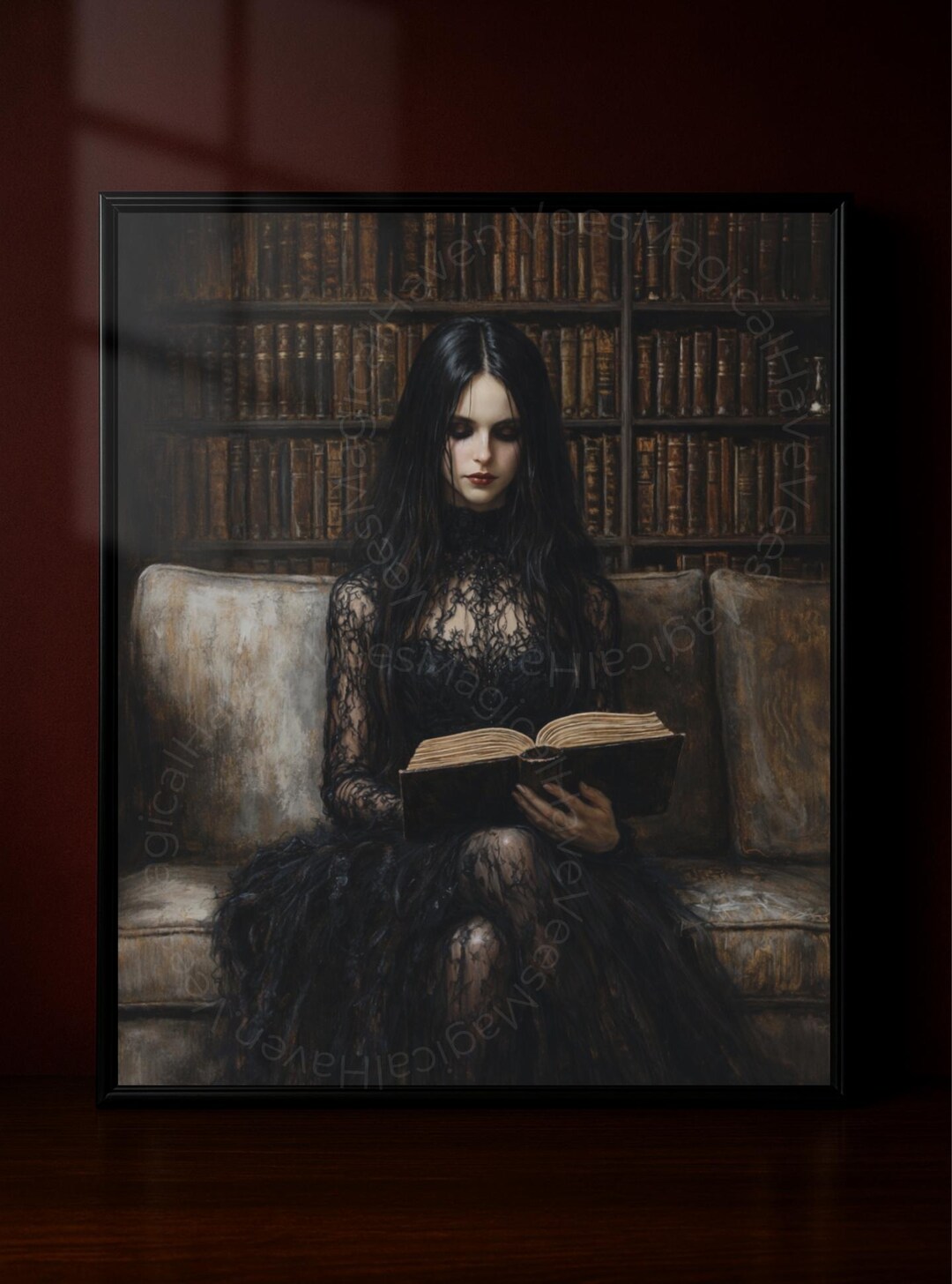 Gothic Woman Reading Antique Book, Dark Academia Library Art, Moody ...