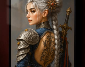 May include: Framed artwork of a woman with silver hair in a braid, wearing armor and a blue top. A sword is strapped to her back. The woman has a tattoo on her back and is wearing a gold hairpiece and earrings.