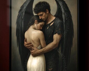 Dark Angel and Woman Art Print | Gothic Fantasy Wall Decor | Emotional Angel Poster | Romantic Dark Academia Print