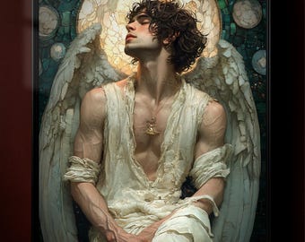 Renaissance Angel Poster, Classical Winged Figure Wall Decor, Dark Academia Fine Art, Art Nouveau Style Print