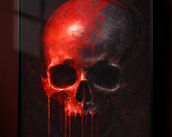 Rode druipende schedelprint, gotische schedelmuurkunst, poster donkere horror, macabere schedelillustratie, decor gotische horror