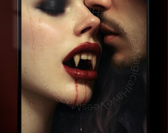 Vampire Couple Art Print | Gothic Romance Wall Decor | Dark Fantasy Vampire Poster