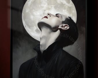 Vampire Aesthetic Oil Painting Print, Gothic Moon Portrait Poster, Dark Academia Wall Art, Moody Night Decor