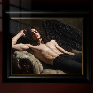 Fallen Dark Angel Art Print, Dark Academia Wall Art, Gothic Male Angel Poster, Fantasy Art, Oil Painting Style, Moody Wall Decor