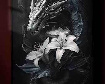 Dragon and Lily Digital Print | Gothic Fantasy Wall Art | Dark Academia Decor | Mythical Creature Poster | Elegant Dragon Artwork