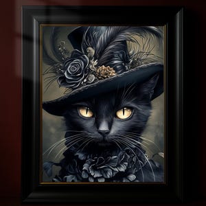 Viktorianische schwarze Katze Art Print, Witchy Cat Decor, Gothic Katzen Portrait, Gruselige Tier Wandkunst, Vintage Katzenliebhaber Geschenk, Dunkle Katze Poster