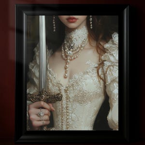Viktorianisches Kunst Schwert, druckbare Kunst, dunkle launische Wandkunst, Frauen im Spitzenkleid, perfekt für Antiquitätenliebhaber