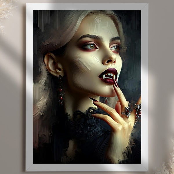 Dark Academia Vampire Print, Gothic Horror Aesthetic, Vampire Fangs, Vintage Fantasy, Digital Download