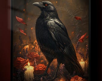 Plakat z gotyckim krukiem, mroczna, fantastyczna sztuka ścienna ze świecami i różami, nadruk z krukiem na Halloween, makabryczna dekoracja z ptakiem, grafika z czarnym krukiem