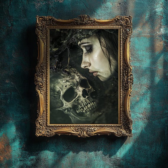 Gothic Witch and Skull Poster, Eerie Forest Wall Art, Occult