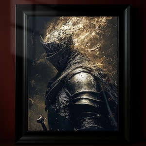 Dark Fantasy Ritter Poster, Gothic Krieger in feuriger Rüstung, mittelalterlicher Mythos Kunstdruck, zerfetzte Rüstung Wand-Dekor, Fantasy Glut Ästhetik