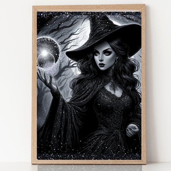 Gothic Witch Print, Enchanting Black Glitter Sorceress, Magic Orb, Dark Fantasy Wall Art, Gift for Gothic Decor Lovers