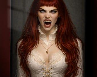 Red Haired Vampire Portrait, Gothic Fantasy Art, Dark Academia Wall Art, Vampire Digital Download, Gothic Horror Artwork