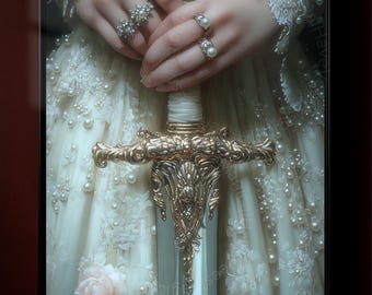 Viktorianisches Kunst Schwert, druckbare Kunst, dunkle launische Wandkunst, Frauen im Spitzenkleid, perfekt für Antiquitätenliebhaber