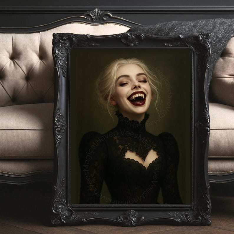 Vampire Woman Wall Art, Gothic Horror Portrait, Dark Fantasy Print, Halloween Vampire Decor image 5