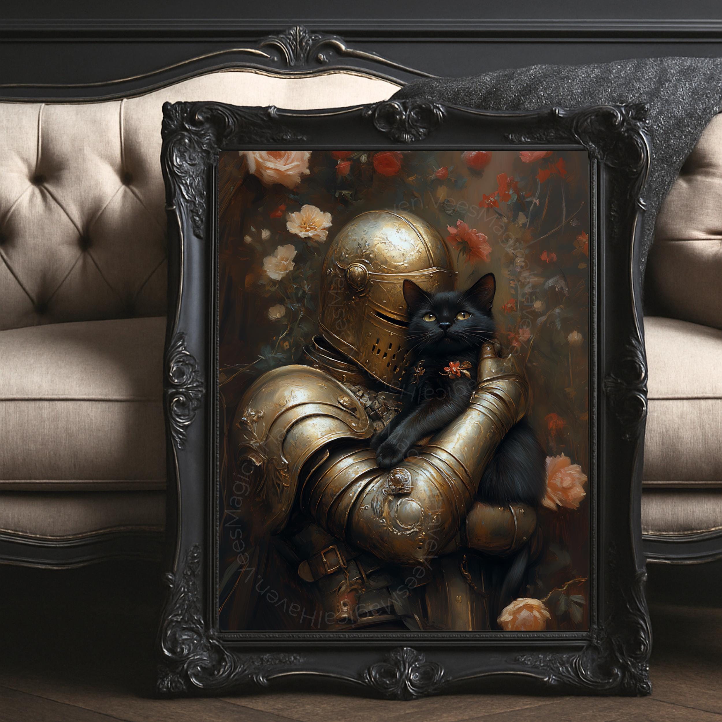 Medieval Knight Wall Art, Black Cat Fantasy Print, Gothic Warrior ...