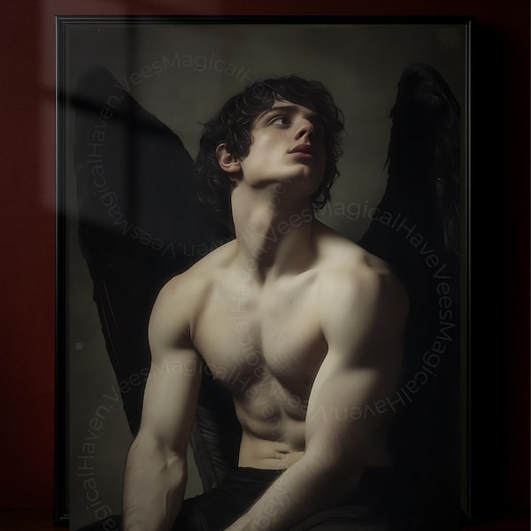 Fallen Dark Angel Poster, Dark Academia Renaissance Style, Horror and Gothic Wall Art Gift